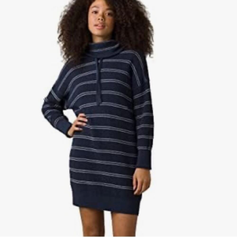 PrAna Milani Dress Nautical Stripe Waffle Knit Funnel Neck Blue Women's Small